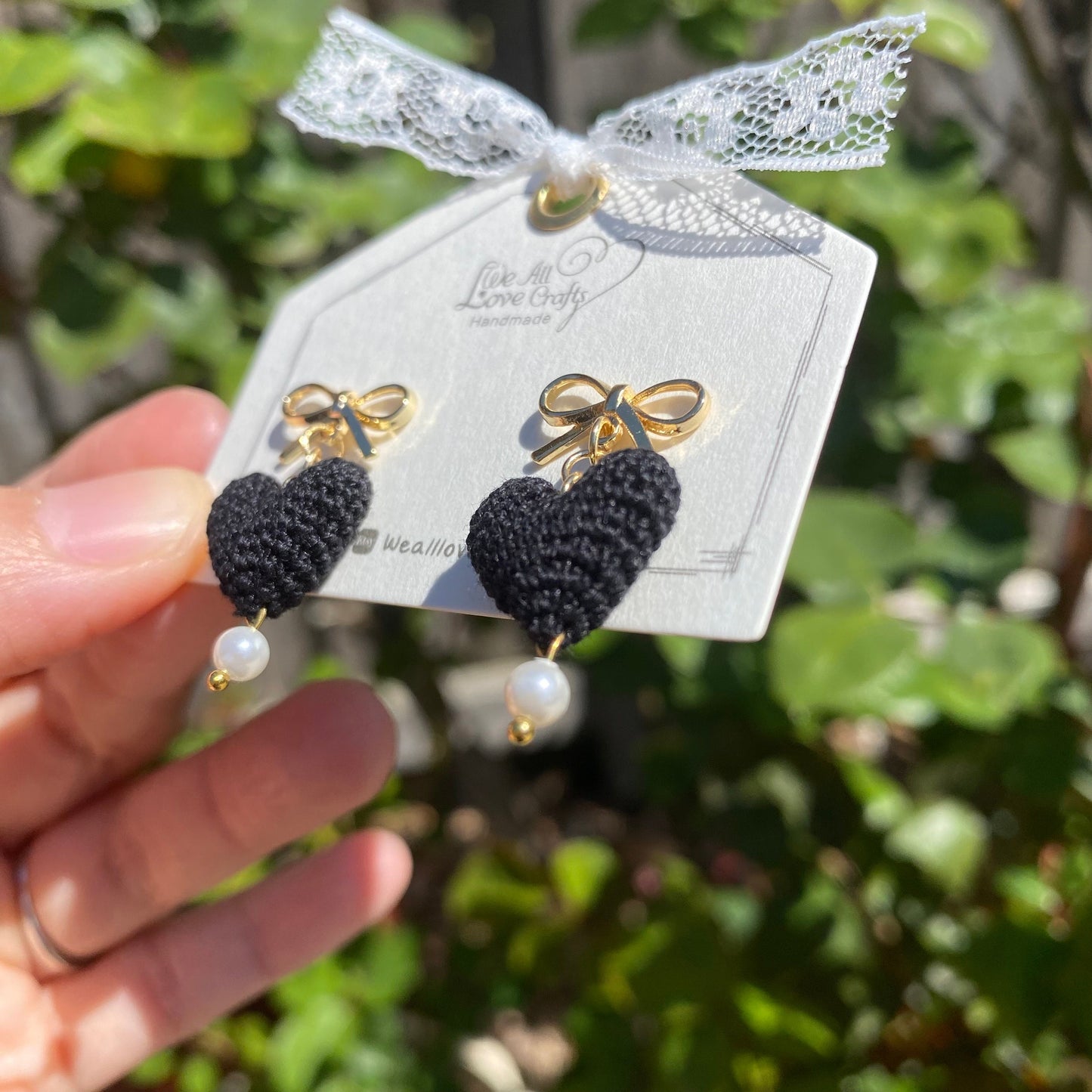 Black 3D heart with gold bow tie and pearl crochet stud earrings/Microcrochet/14k gold plated/gift for her/Knitting handmade jewelry