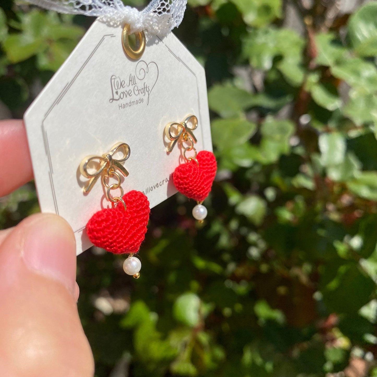 Red 3D heart with gold bow tie and pearl crochet stud earrings/Microcrochet/14k gold plated/gift for her/Knitting handmade jewelry