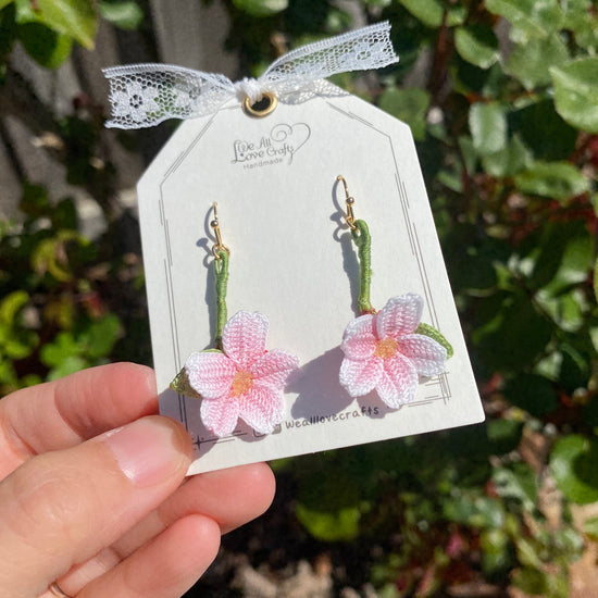 Pink Cherry blossom flower branch crochet dangle earrings/Micro crochet/14k gold/gift for her/Knitting handmade jewelry/Ship from US