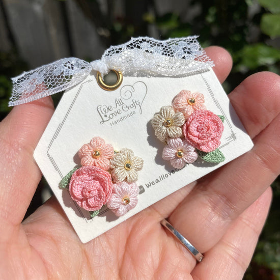 Pink Floral bouquet bundle Studs/Microcrochet/14k gold earrings/Spring gift for her/Knitting handmade jewelry/Retro vintage/Ship from US