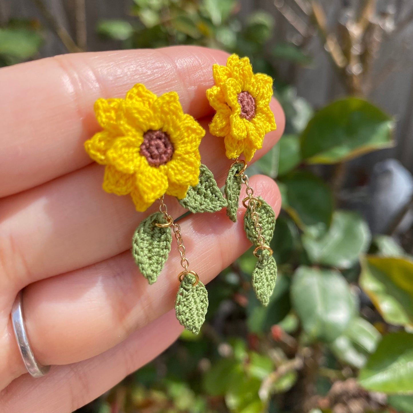 Yellow Sunflower dangle stud earrings/Microcrochet/14k gold/fall flower gift for her/Knitting handmade jewelry/Ship from US