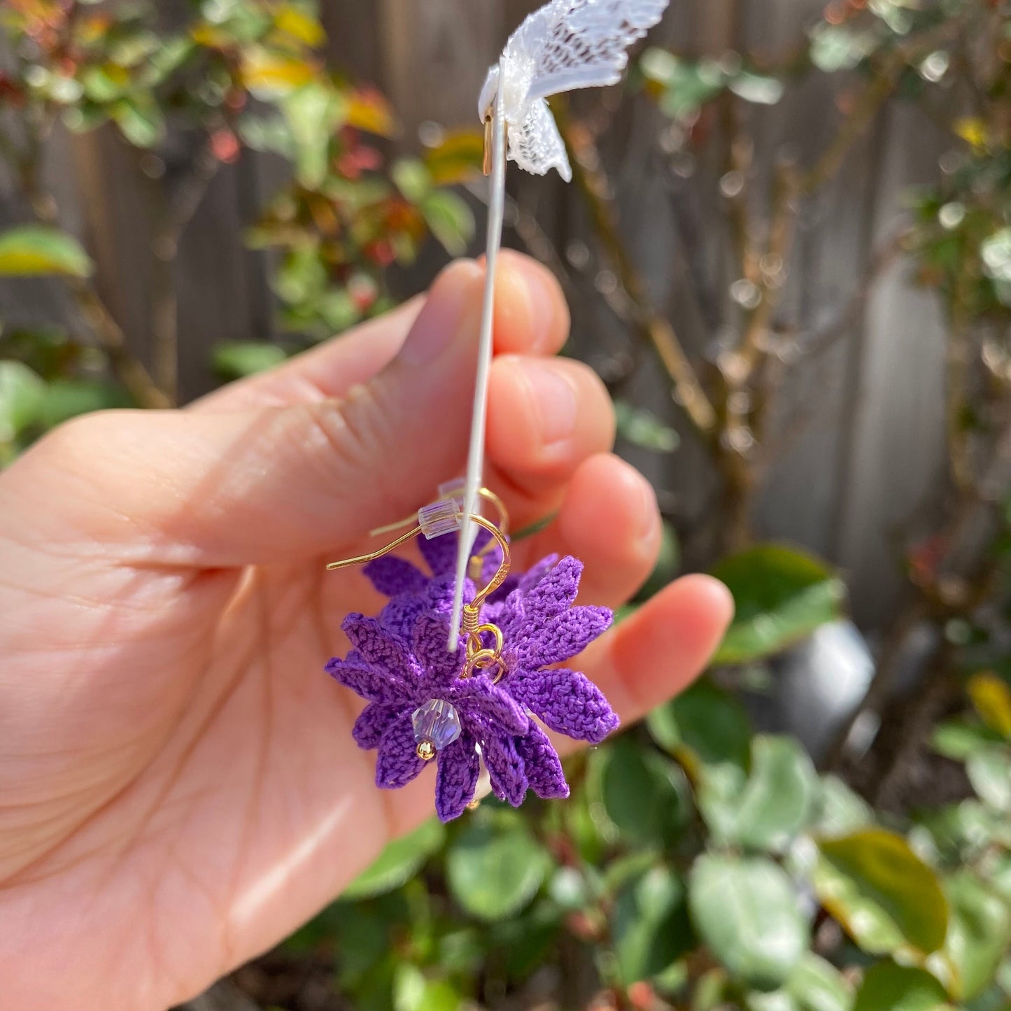 Dark Purple flower cluster ball crochet dangle earrings/Micro crochet/14k gold plated/gift for her/Knitting handmade jewelry/Ship from US