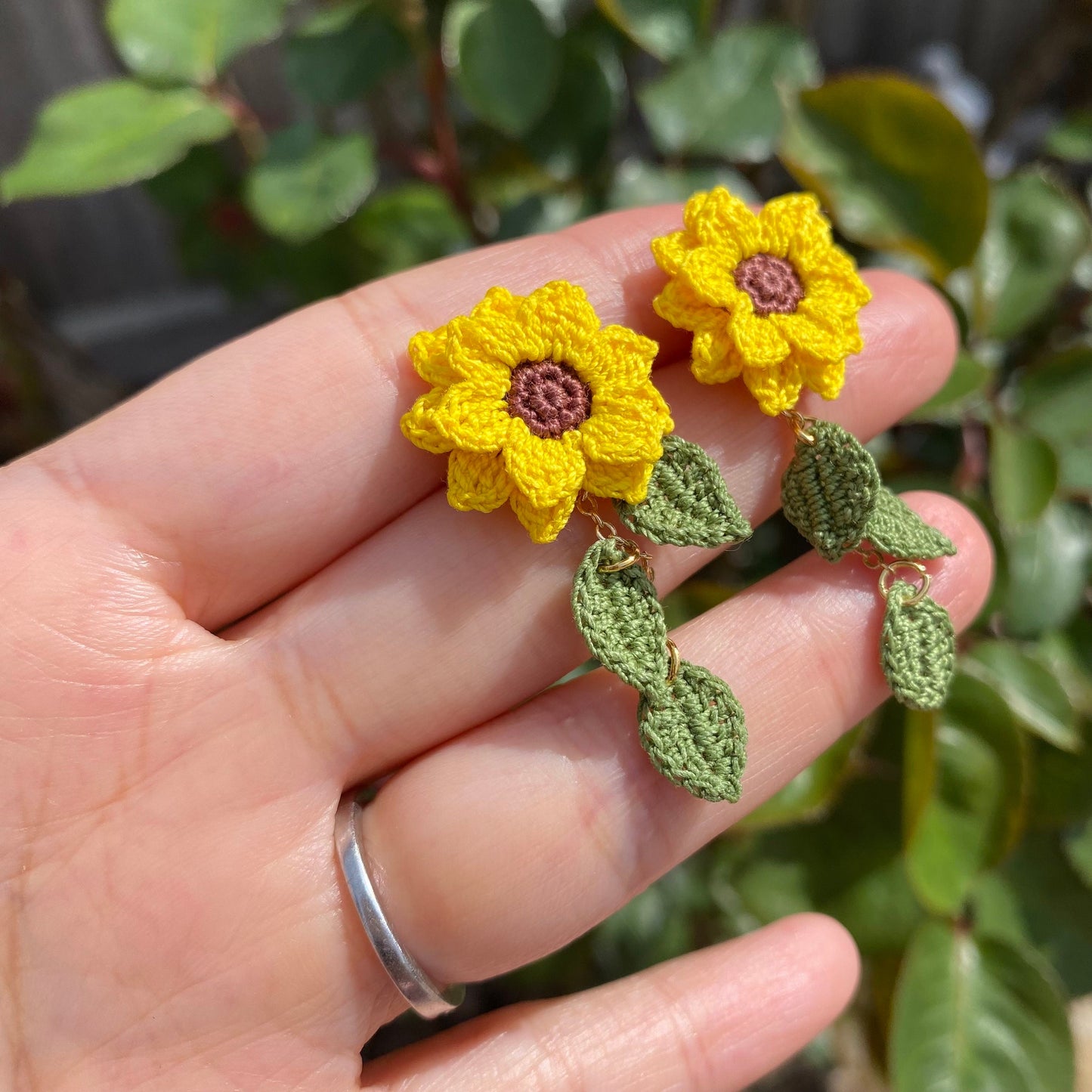 Yellow Sunflower dangle stud earrings/Microcrochet/14k gold/fall flower gift for her/Knitting handmade jewelry/Ship from US