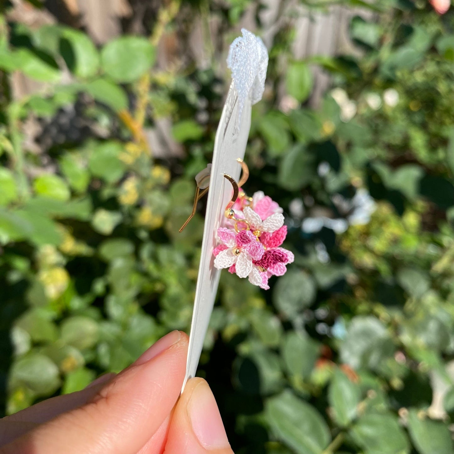 Pink ombre flower cluster ball crochet dangle stud earrings/Micro crochet/14k gold plated/gift for her/Knit handmade jewelry/Ship from US