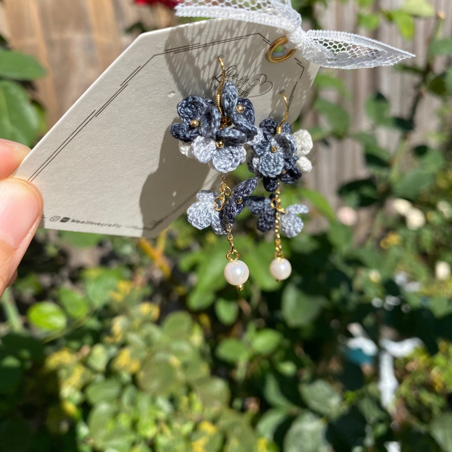 Black and gray ombre flower cluster with pearl crochet dangle earrings/Microcrochet/14k gold plated/gift for her/Knit jewelry/Ship from US