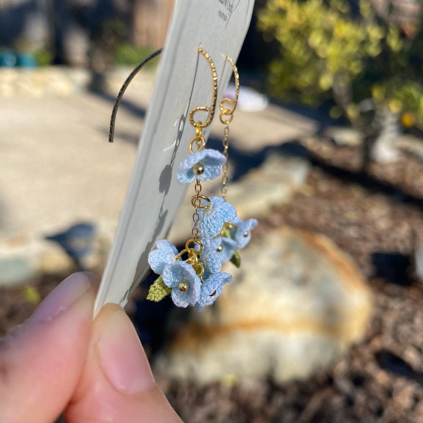 Blue flower cluster crochet dangle stud earrings/Micro crochet/14k gold plated/gift for her/Knitting handmade jewelry/Ship from US