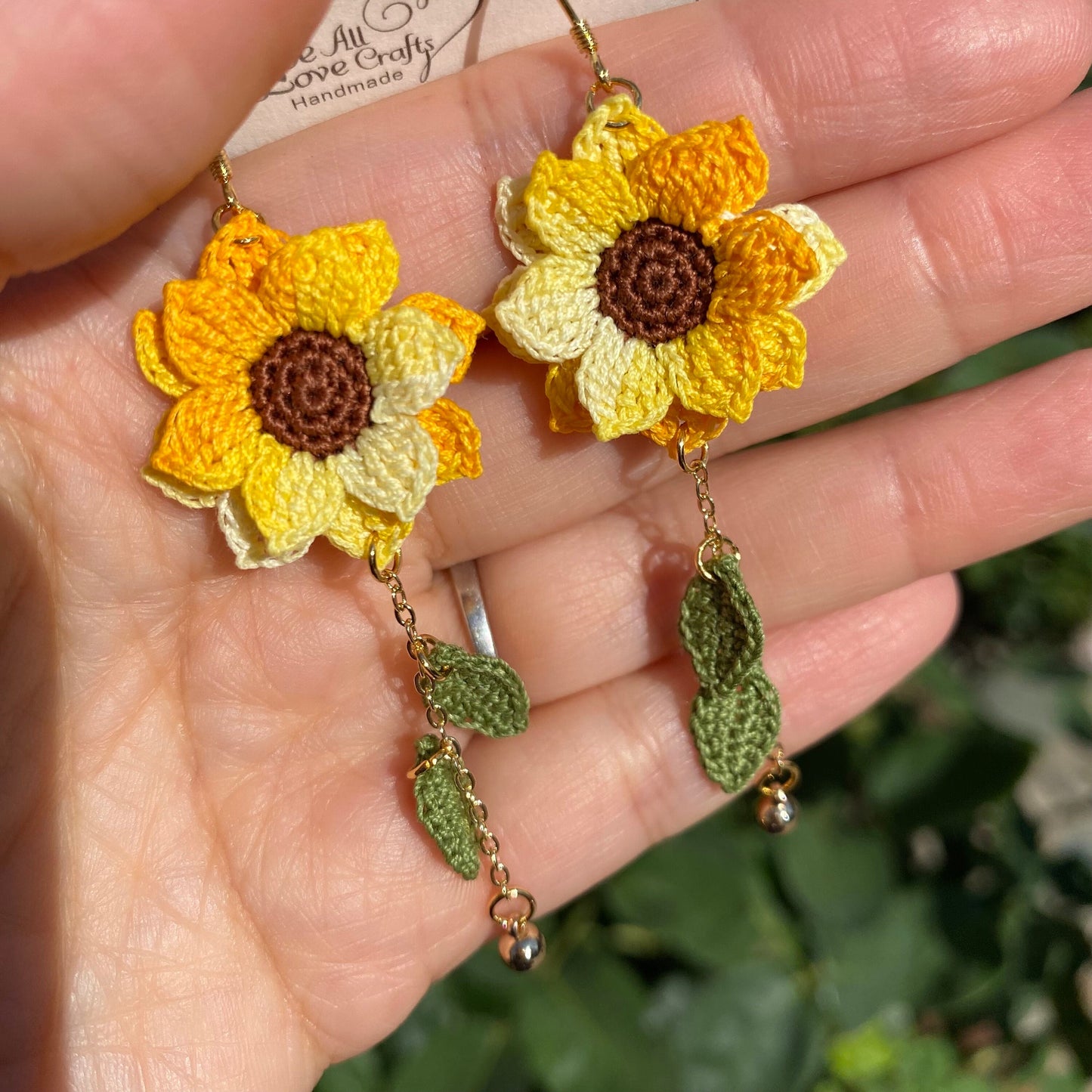 Larger Yellow Ombre Sunflower dangle earrings/Microcrochet/14k gold/fall flower gift for her/Knitting handmade jewelry/Ship from US