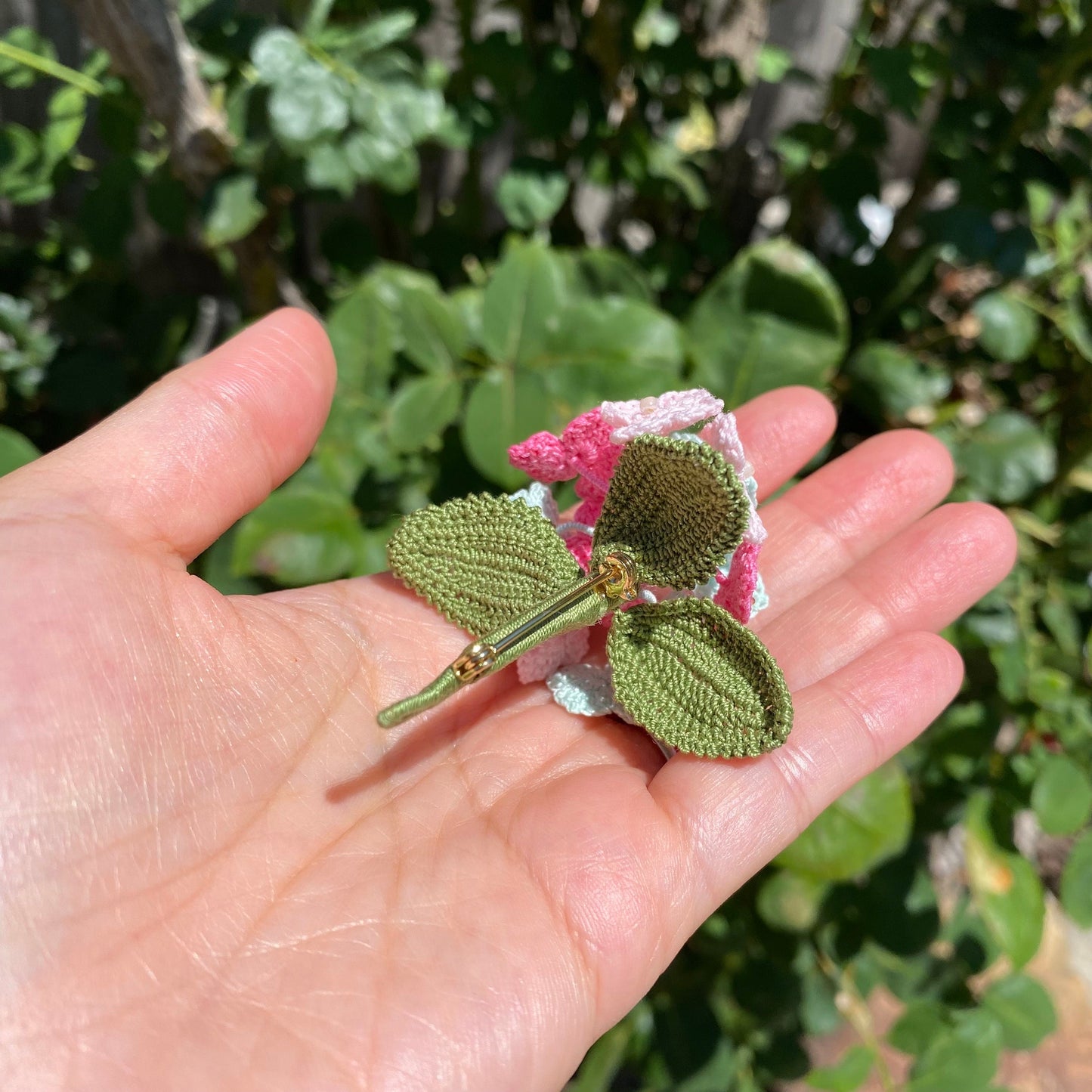 Pink and mint green hydrangea flower crochet brooch/Micro crochet /Handmade embroidery jewelry/gift for her birthday wedding anniversary