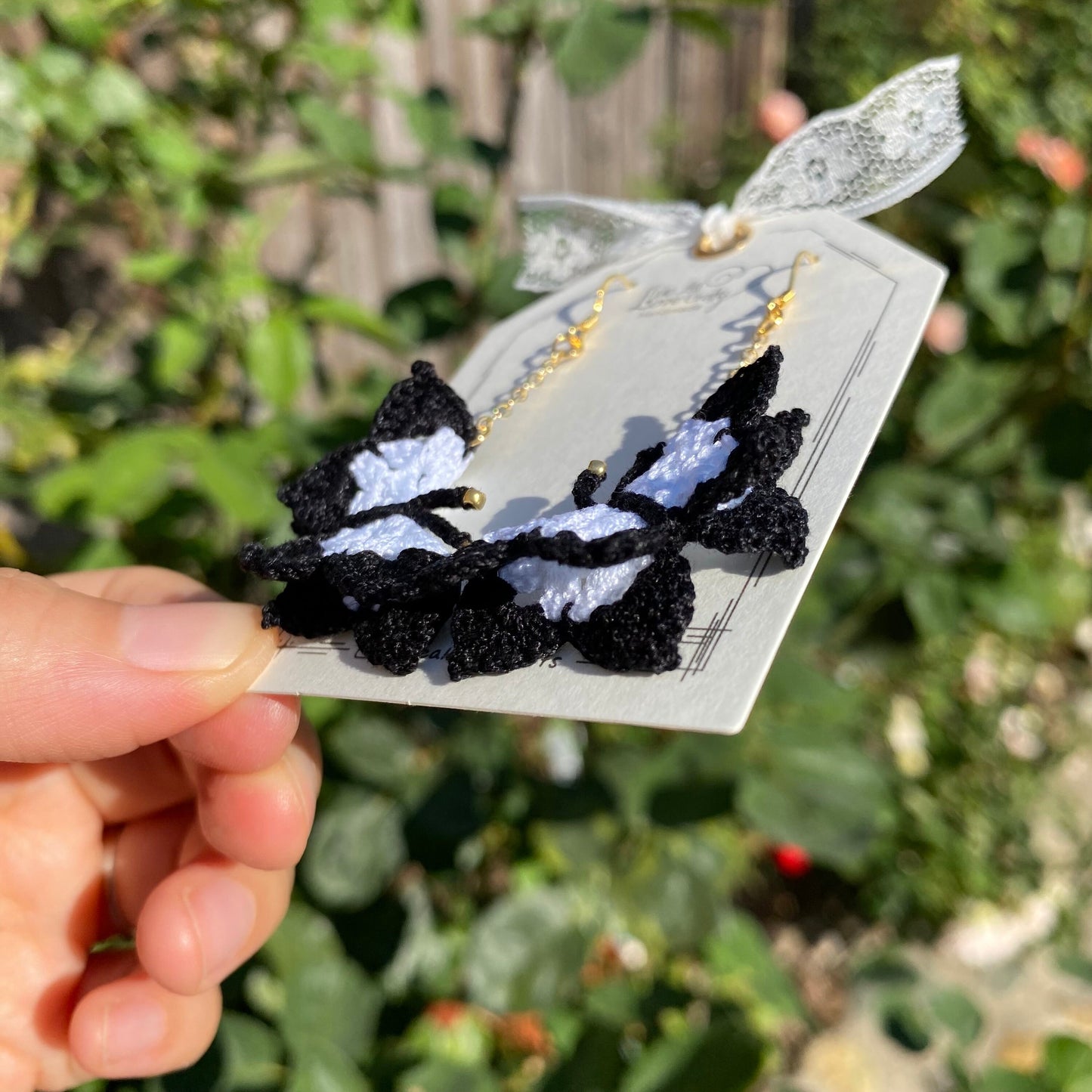 Black and White marble Butterfly crochet dangle earrings/Microcrochet/gift for her/Knitting handmade jewelry/Butterfly garden present