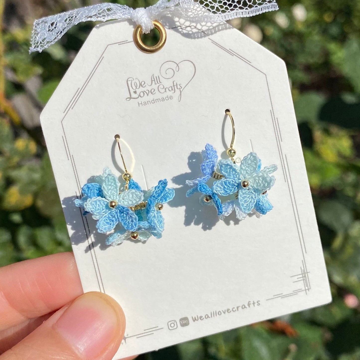 Blue ombre flower cluster ball crochet dangle stud earrings/Micro crochet/14k gold plated/gift for her/Knit handmade jewelry/Ship from US