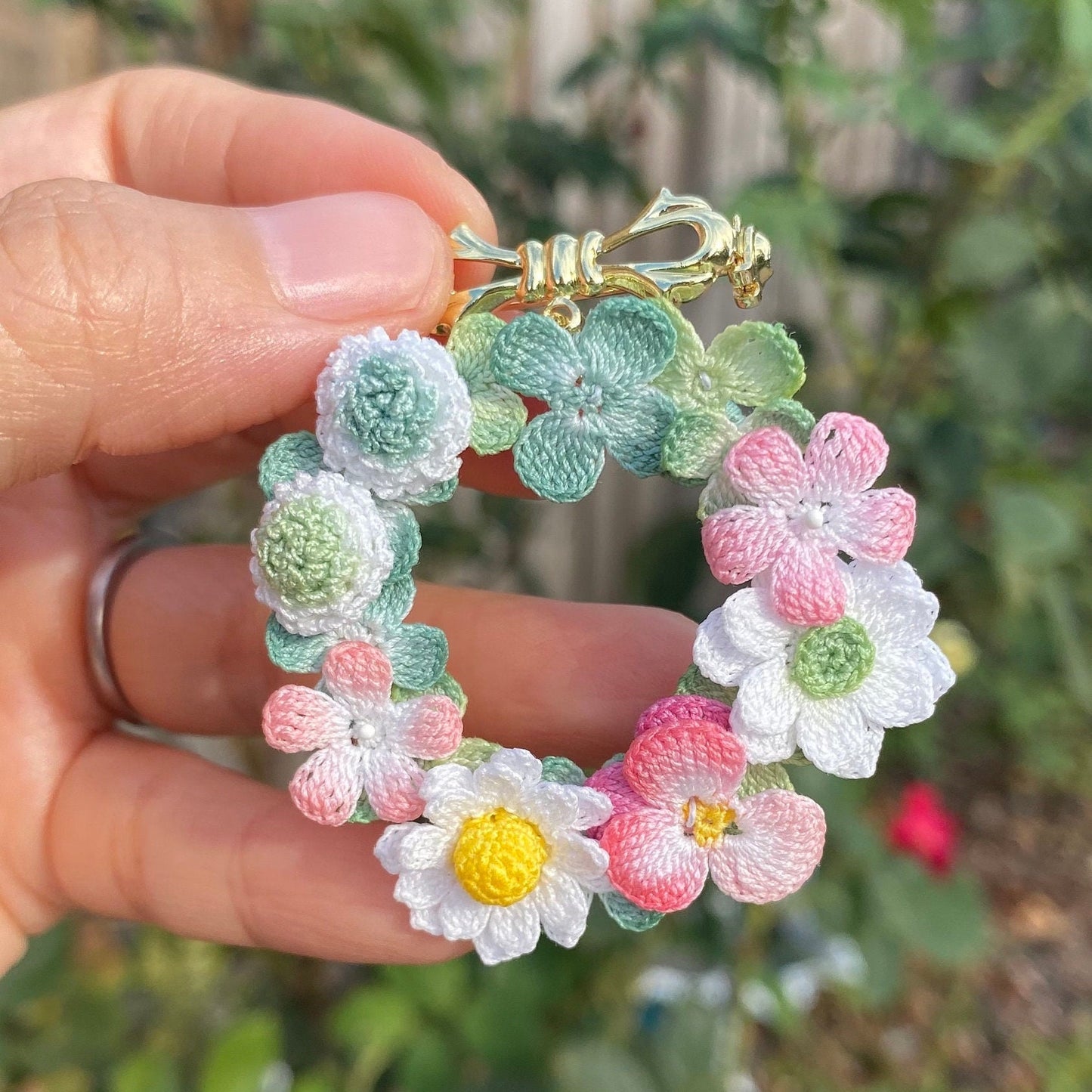 Pastel delicate flower Wreath crochet brooch/Micro crochet/Handmade Crochet brooch/Elegant brooch for her/Knitted flowers/Ship from US