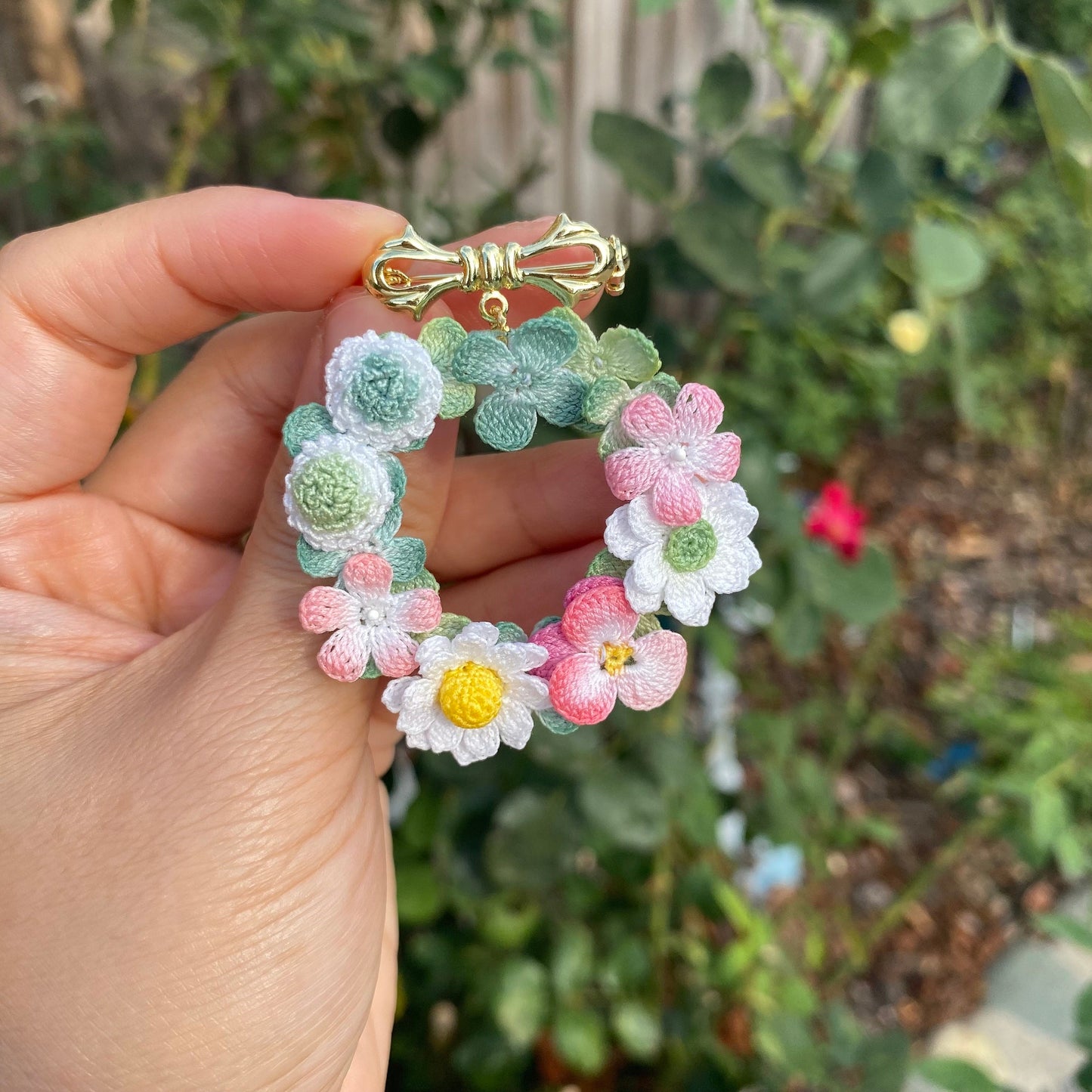 Pastel delicate flower Wreath crochet brooch/Micro crochet/Handmade Crochet brooch/Elegant brooch for her/Knitted flowers/Ship from US