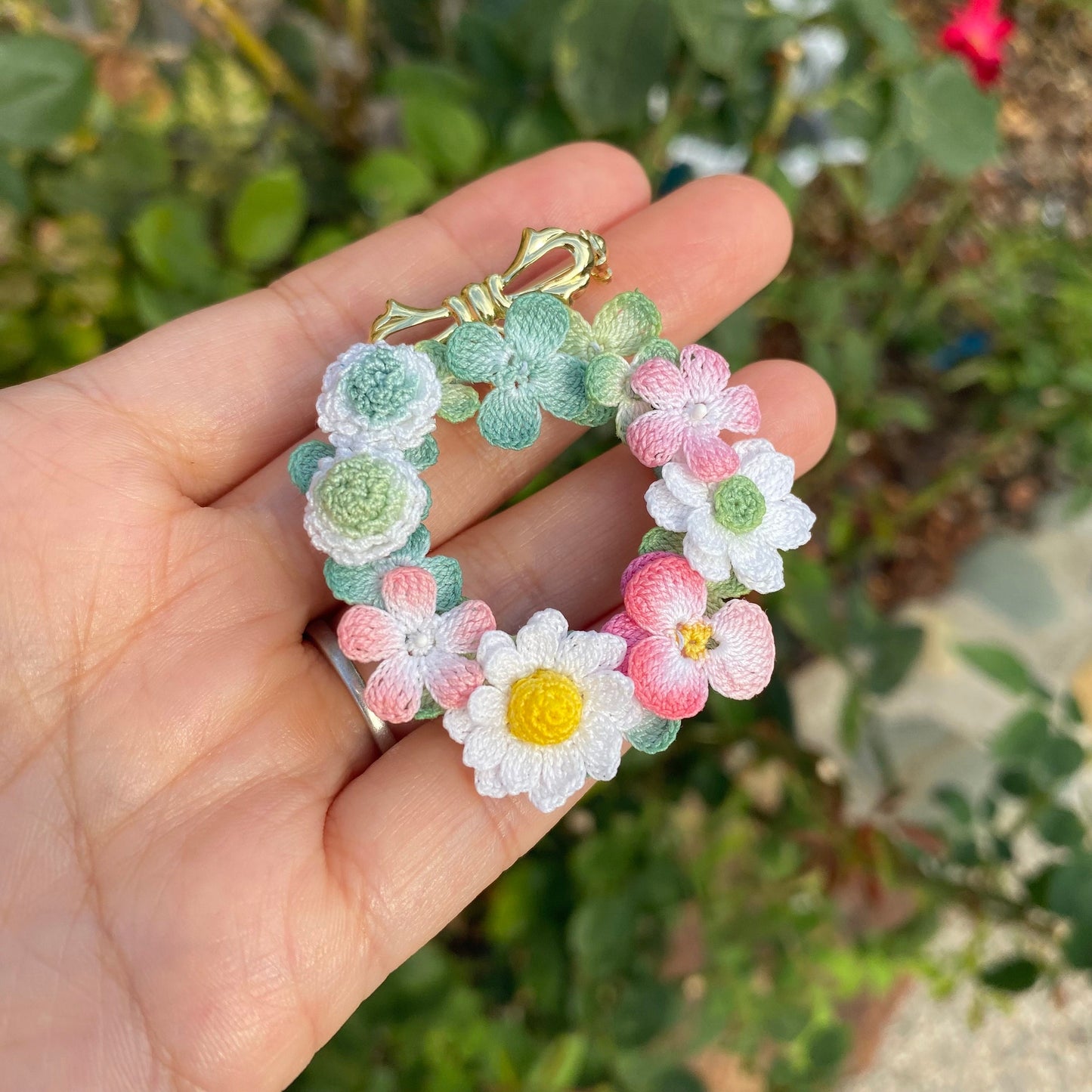 Pastel delicate flower Wreath crochet brooch/Micro crochet/Handmade Crochet brooch/Elegant brooch for her/Knitted flowers/Ship from US