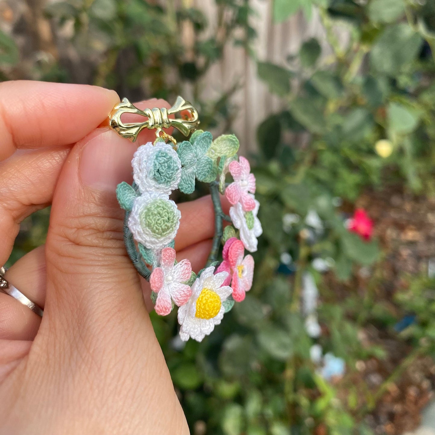 Pastel delicate flower Wreath crochet brooch/Micro crochet/Handmade Crochet brooch/Elegant brooch for her/Knitted flowers/Ship from US
