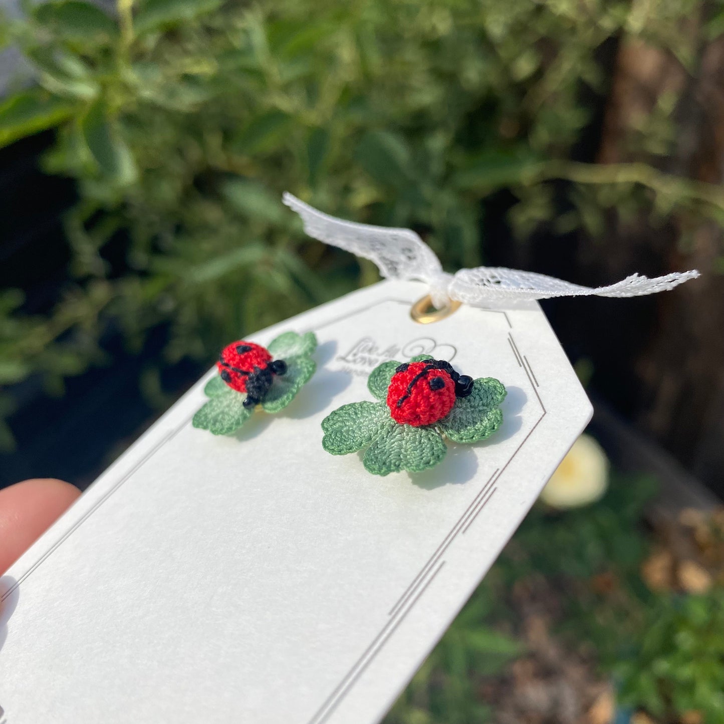 Green four leaf lucky clover with lady bug crochet handmade Stud earrings/microcrochet/Knitted jewelry/St. Patrick's day gift/Ship from US