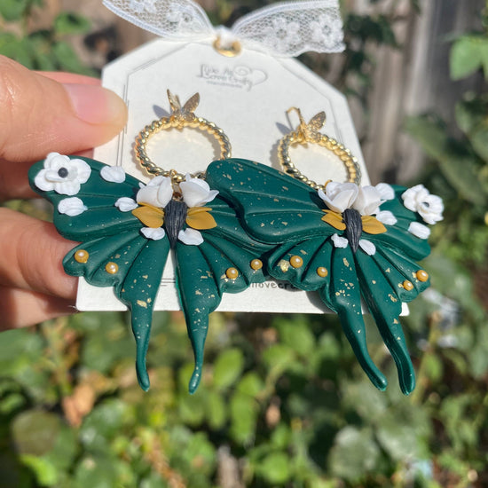 Vintage dark green butterfly with florals Polymer Clay handmade earrings/Wedding floral jewelry/bride and bridesmaid/Ship from US