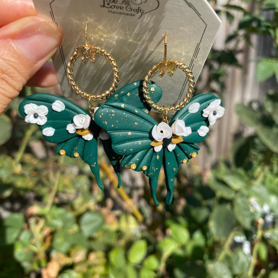 Vintage dark green butterfly with florals Polymer Clay handmade earrings/Wedding floral jewelry/bride and bridesmaid/Ship from US
