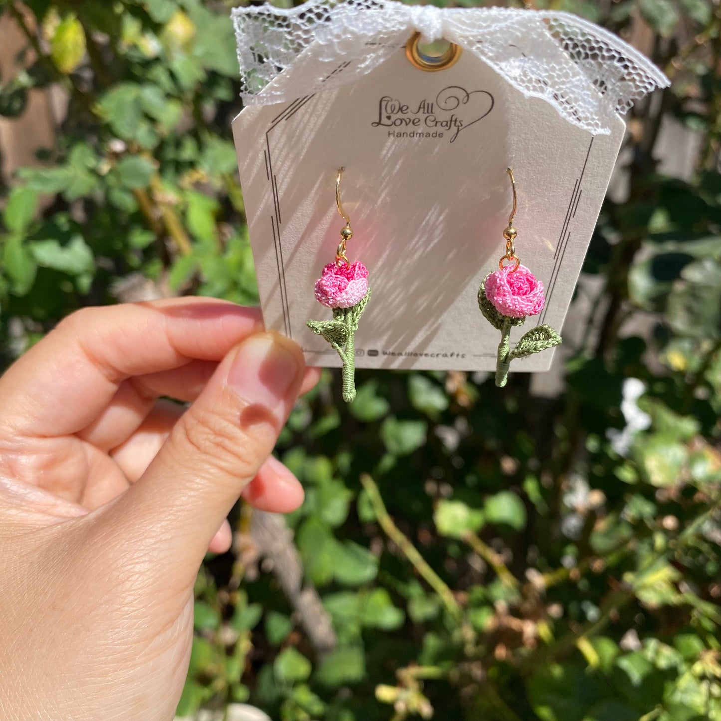 Magenta Pink single rose flower crochet dangle earrings/Microcrochet/14k gold/love gift for her/Knitting handmade jewelry/Ship from US