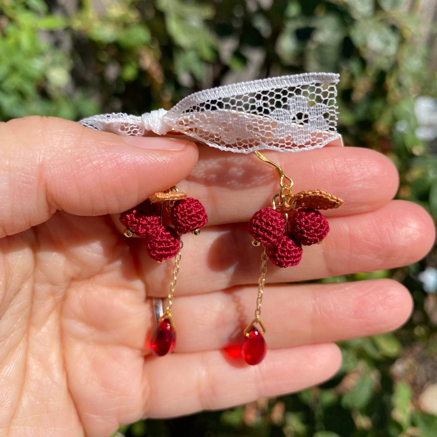 Christmas holiday Red berries with beads dangled earrings/Microcrochet/14k gold plated/Knitting handmade jewelry/Ship from US