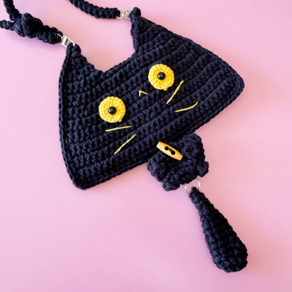 Crocheted Black Cat Crossbody Bag | Handmade Halloween Purse with Movable Tail