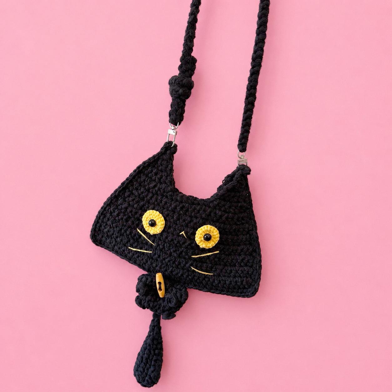Crocheted Black Cat Crossbody Bag | Handmade Halloween Purse with Movable Tail