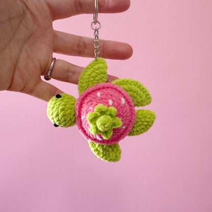 🍓 Pink Strawberry Shell Sea Turtle Crochet Keychain