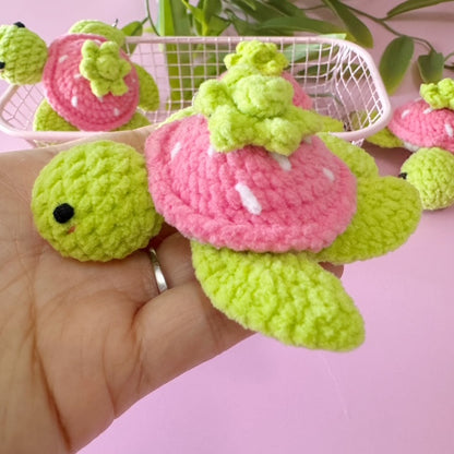 🍓 Pink Strawberry Shell Sea Turtle Crochet Keychain