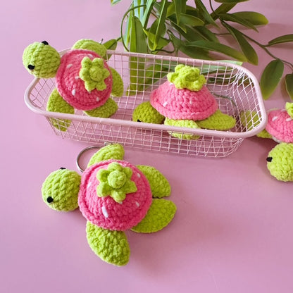 🍓 Pink Strawberry Shell Sea Turtle Crochet Keychain
