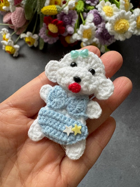 White Poodle Puppy dog in Blue Bikini Brooch/Pin