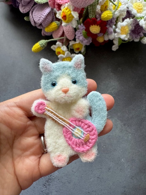 Blue and white Kitty Cat with Pink Guitar Brooch/Pin