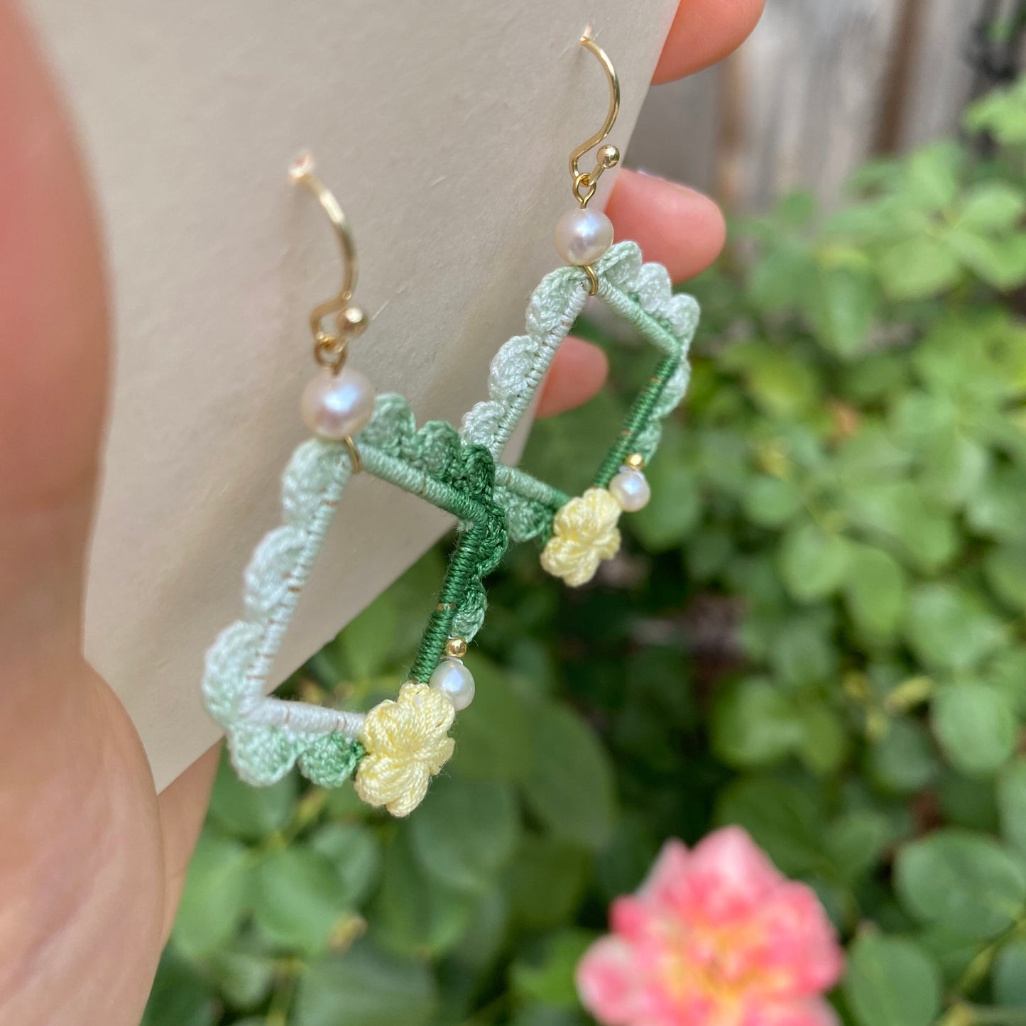 Ombre Green yellow flower crochet earrings in square shape/Microcrochet /dangle geometry jewelry with pearls/gift for her/minimalist/