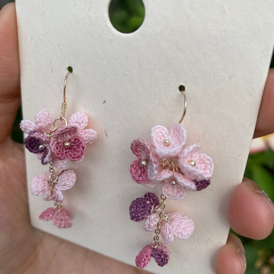 Load image into Gallery viewer, Pink ombre flower cluster crochet dangle earrings/Microcrochet/14k gold/gift for her/Knitting handmade jewelry
