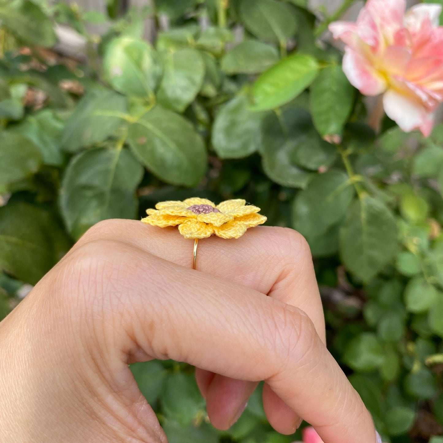 Yellow Sunflower Ring/Microcrochet/14k gold metal ring/fall flower gift for her/Knitting handmade jewelry