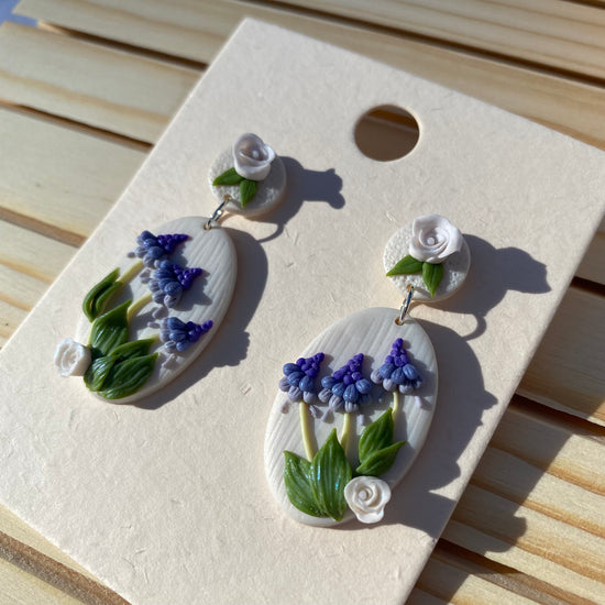 Load image into Gallery viewer, Hyacinthus purple white flower Oval handmade Earrings/Polymer clay Dangle Earrings/Wedding anniversary jewelry for her/floral statement
