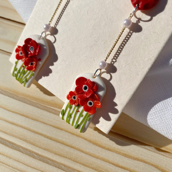 Load image into Gallery viewer, Poppy red flower Oval handmade Earrings/Polymer clay Dangle Earrings/Wedding anniversary jewelry for her/floral statement earrings in fall
