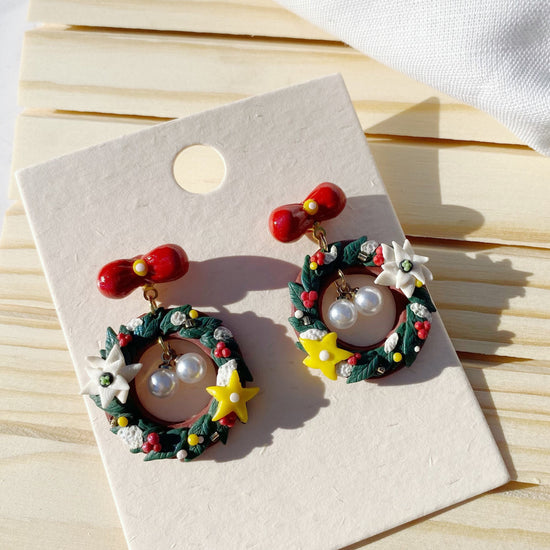 Christmas Wreath with red bow tie Polymer Clay handmade arch earrings/s925 sterling sliver mod clay