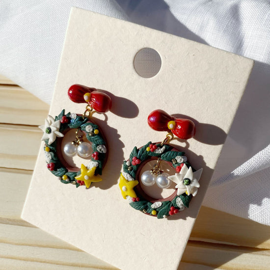 Christmas Wreath with red bow tie Polymer Clay handmade arch earrings/s925 sterling sliver mod clay