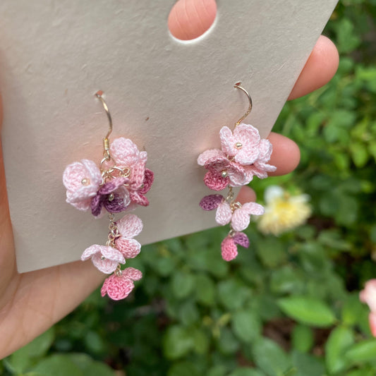 Pink ombre flower cluster crochet dangle earrings/Microcrochet/14k gold/gift for her/Knitting handmade jewelry