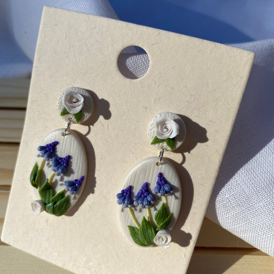Load image into Gallery viewer, Hyacinthus purple white flower Oval handmade Earrings/Polymer clay Dangle Earrings/Wedding anniversary jewelry for her/floral statement
