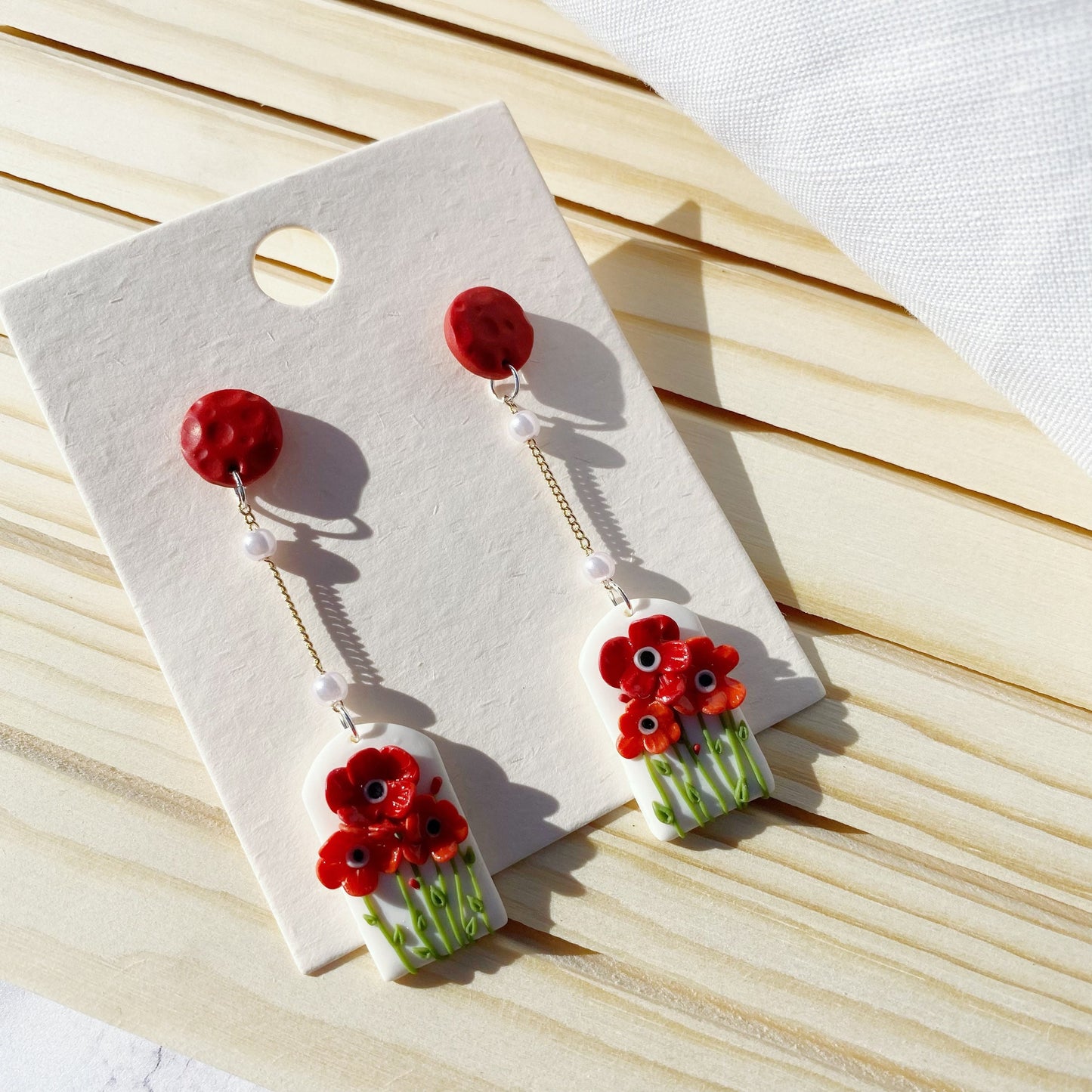 Load image into Gallery viewer, Poppy red flower Oval handmade Earrings/Polymer clay Dangle Earrings/Wedding anniversary jewelry for her/floral statement earrings in fall
