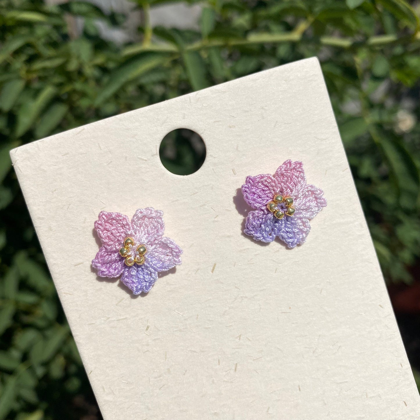 Japanese Cherry blossom crochet stud earrings/Microcrochet/Purple Pink Ombre flower with gold beads/Summer gift for her/Japanese new year