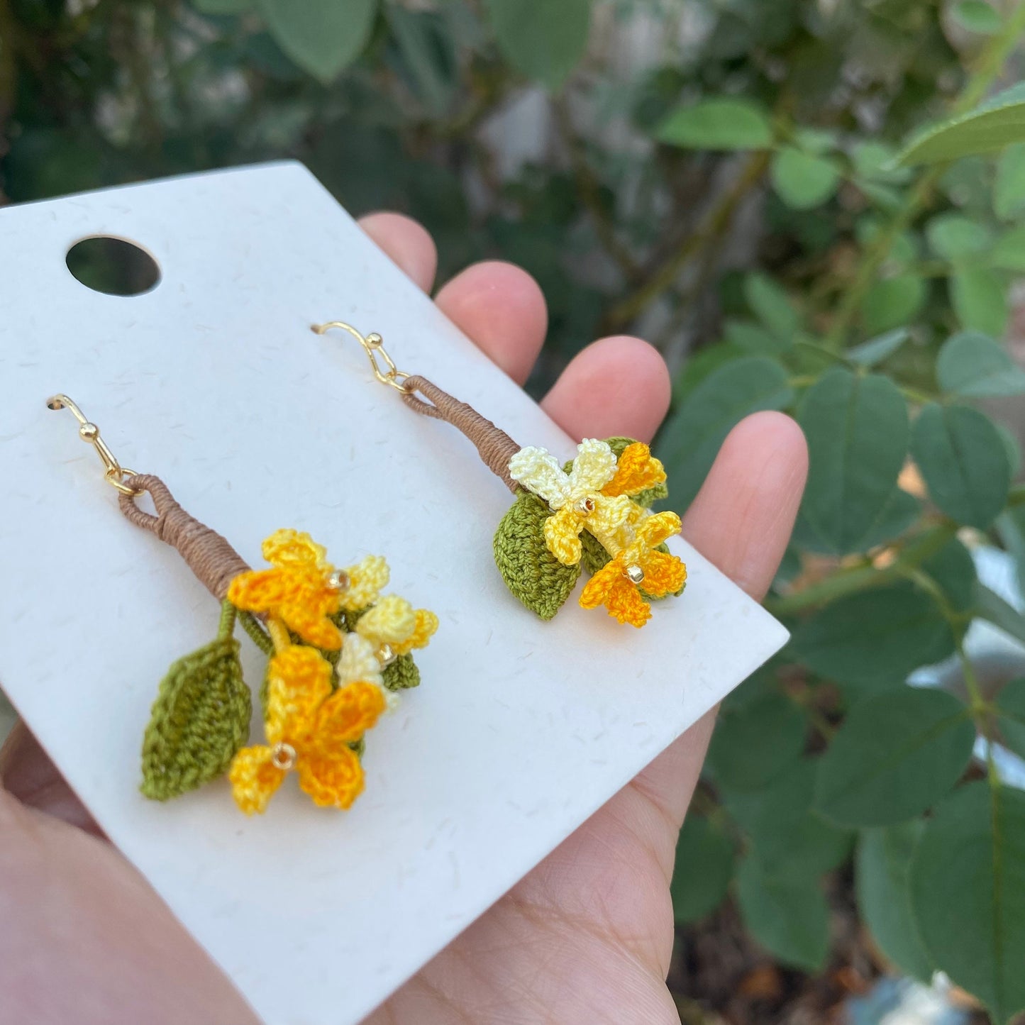 Load image into Gallery viewer, Yellow Osmanthus crochet earrings/Microcrochet/Handmade dangle earrings/Special Jewelry for her/Knitted flower accessories/fragrant olive

