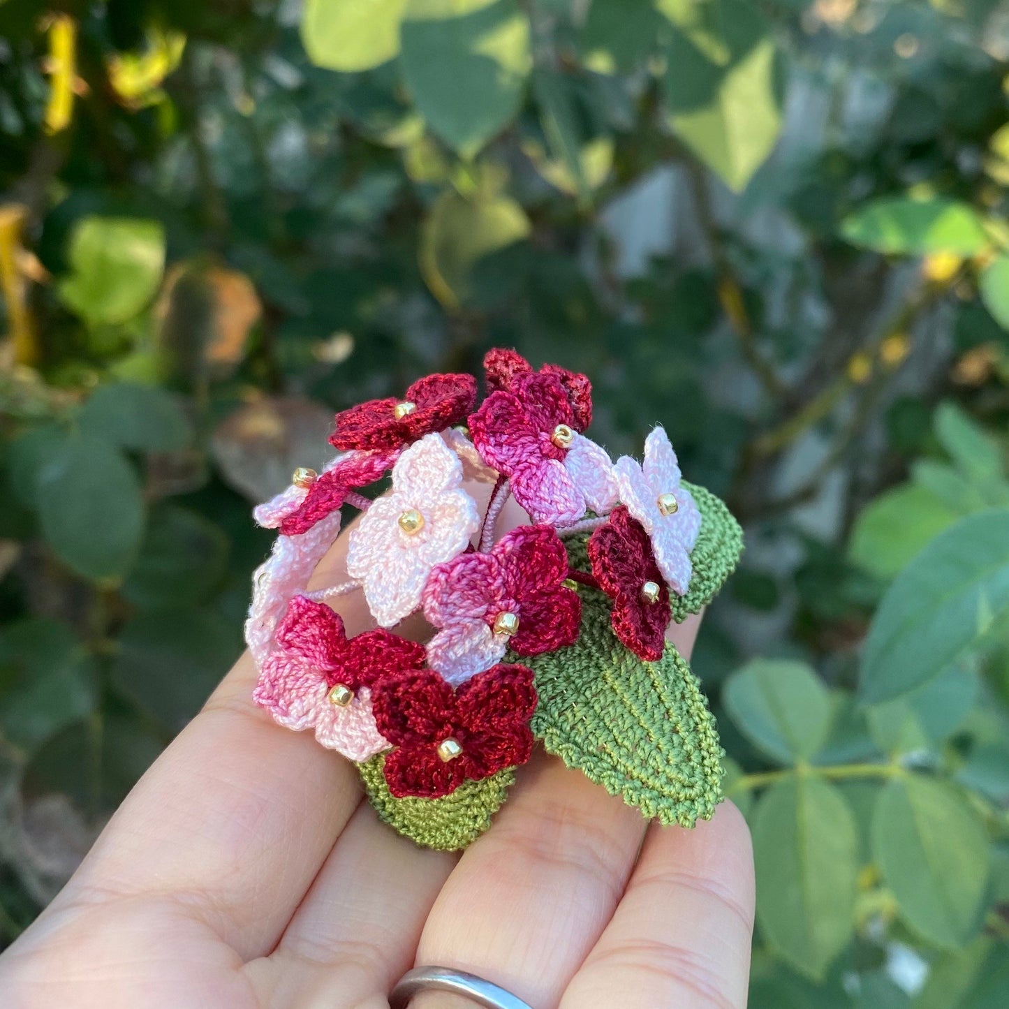 Red and pink hydrangea flower crochet brooch/Micro crochet /Handmade embroidery jewelry/gift for her birthday wedding anniversary