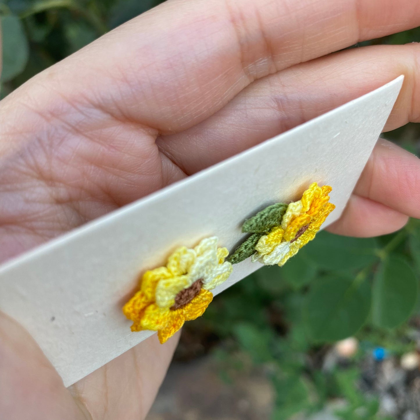 Yellow Sunflower with leaves Studs/Microcrochet/14k gold earrings/fall flower gift for her/Knitting handmade jewelry/Asymmetrical