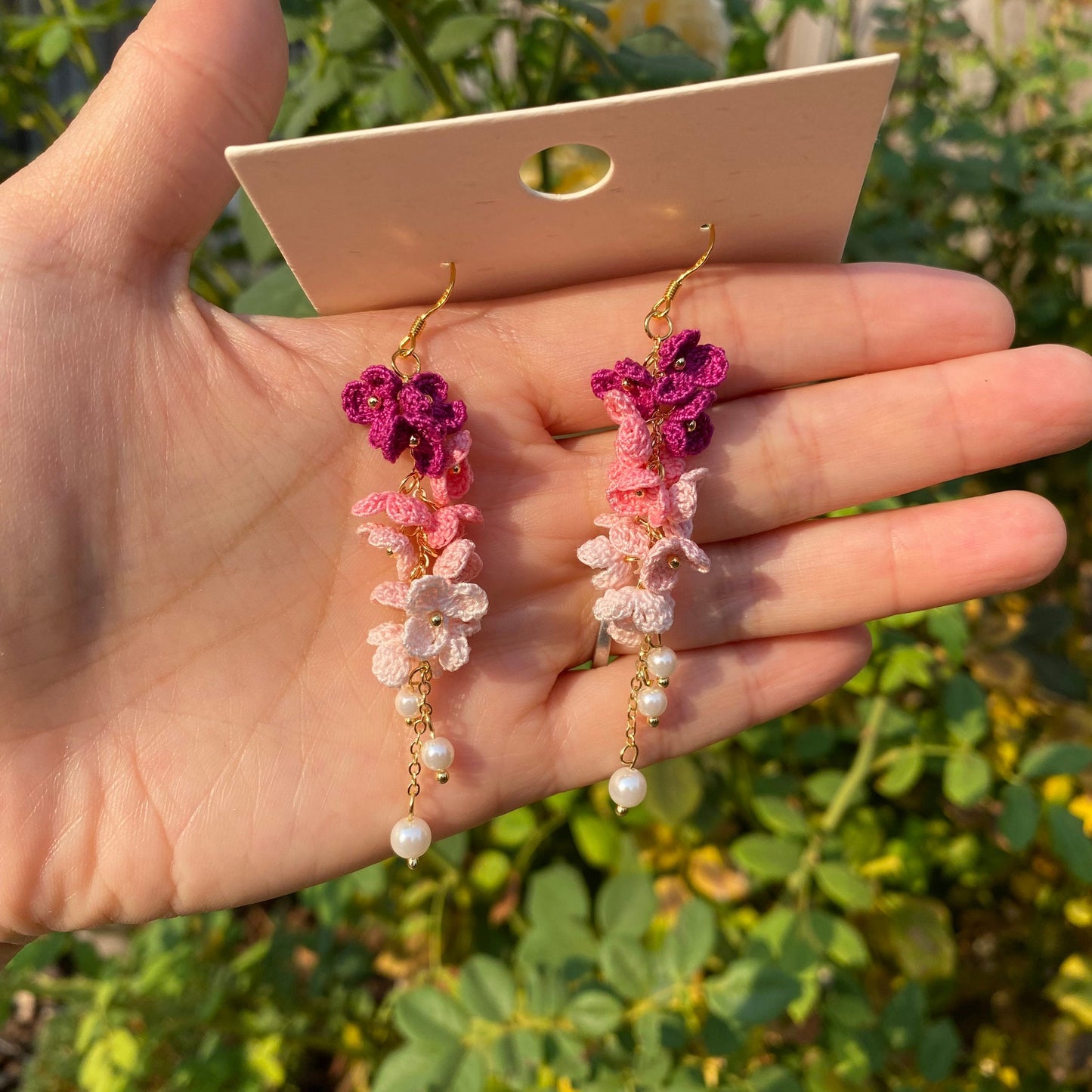 4 shades of Pink ombre flower cluster crochet dangle earrings/Microcrochet/14k gold/gift for her/Knitting handmade jewelry