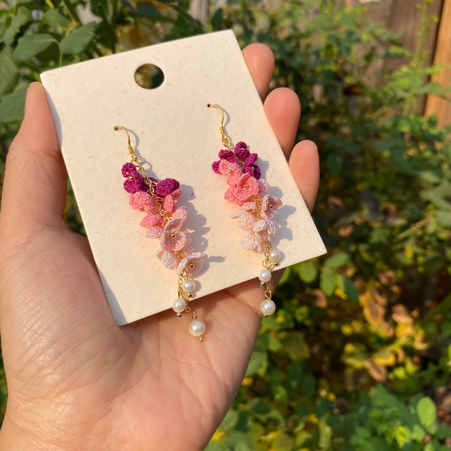 4 shades of Pink ombre flower cluster crochet dangle earrings/Microcrochet/14k gold/gift for her/Knitting handmade jewelry
