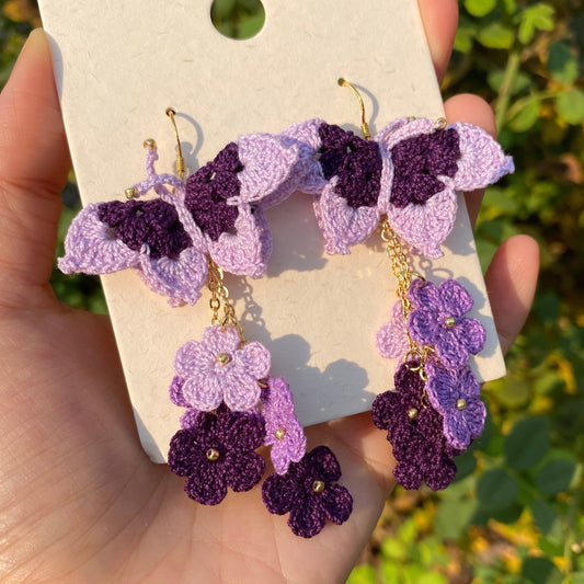 Multicolor Purple shades ombre Butterfly with flower cluster crochet dangle earrings/Microcrochet/gift for her/Knitting handmade jewelry