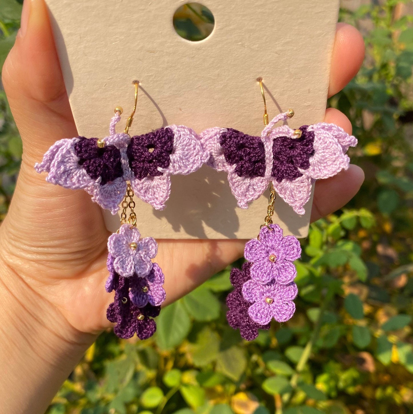 Multicolor Purple shades ombre Butterfly with flower cluster crochet dangle earrings/Microcrochet/gift for her/Knitting handmade jewelry