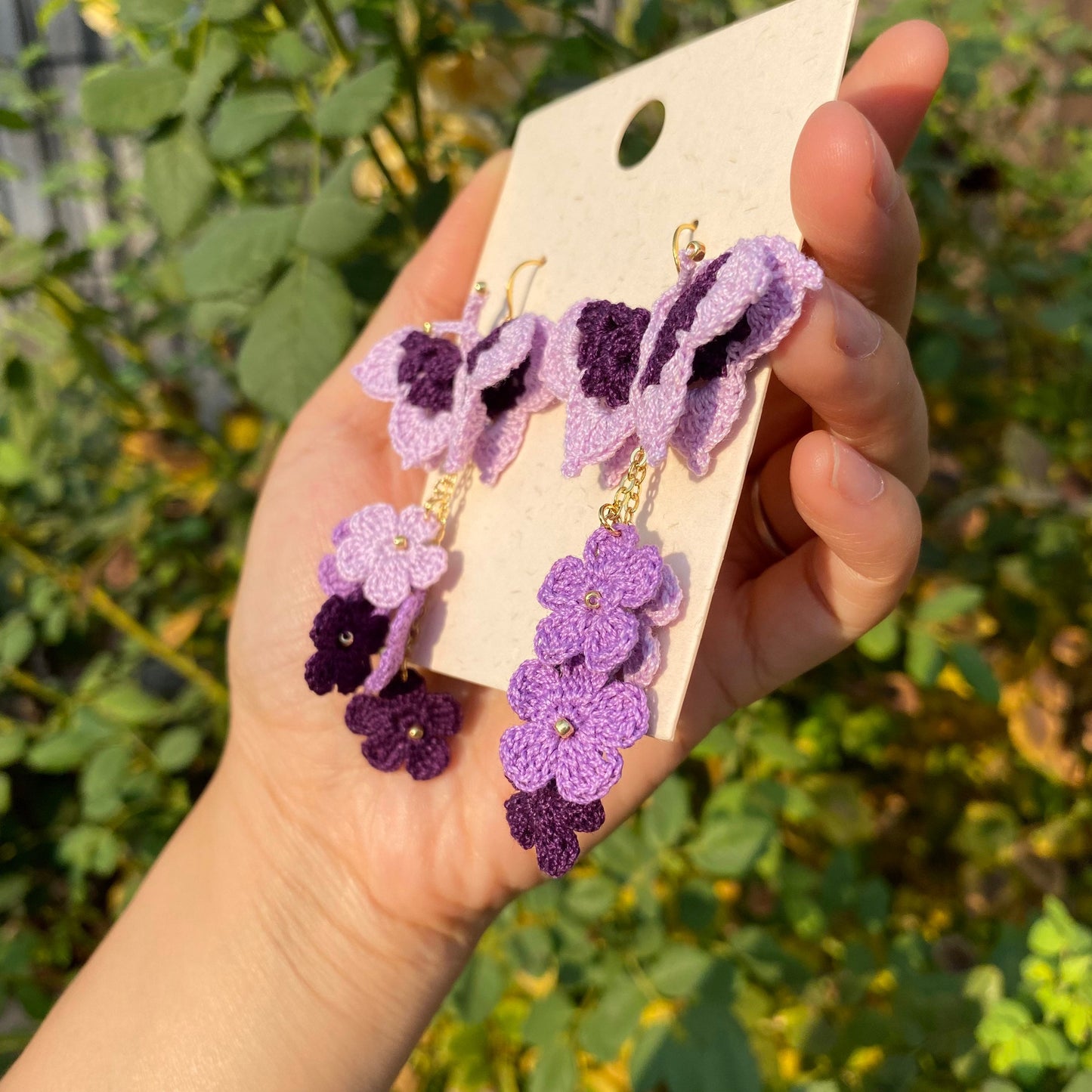 Multicolor Purple shades ombre Butterfly with flower cluster crochet dangle earrings/Microcrochet/gift for her/Knitting handmade jewelry