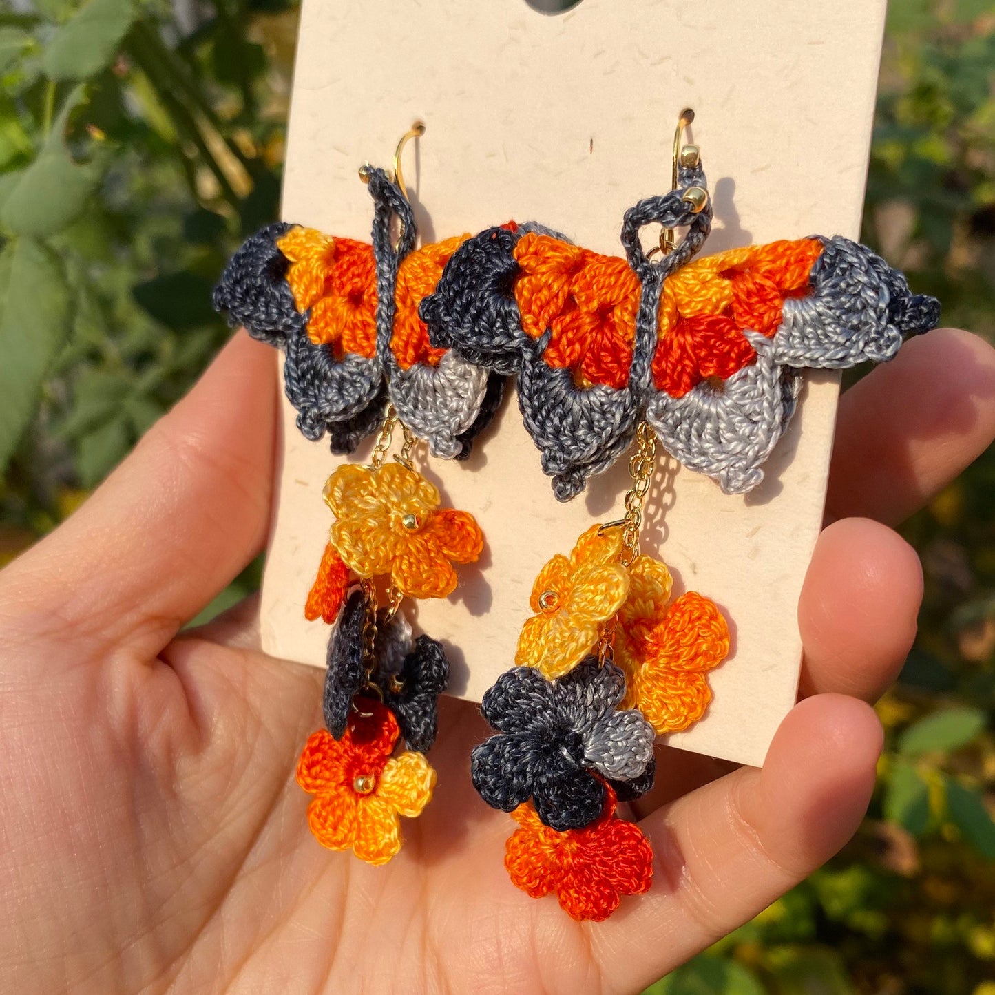 Orange and gray shades ombre Butterfly with flower cluster crochet dangle earrings/Microcrochet/gift for her/Knitting handmade jewelry
